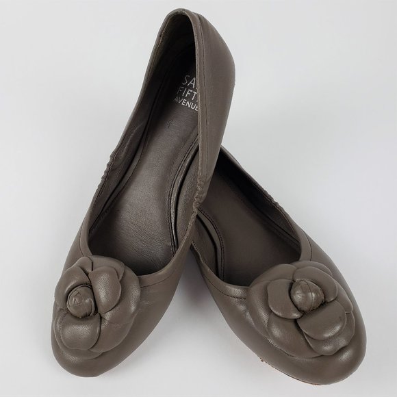 Saks Fifth Avenue Shoes - Saks Fifth Taupe Leather Flats w/Leather Flower, 9M